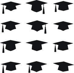 Nine graduation cap silhouettes academic success symbols