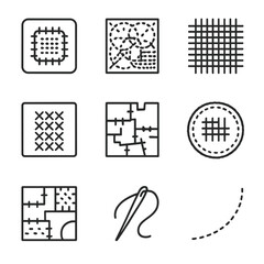 Sustainable Mending Icons. Outline icon set of sustainable mending techniques: visible mending patch, sashiko stitching pattern,