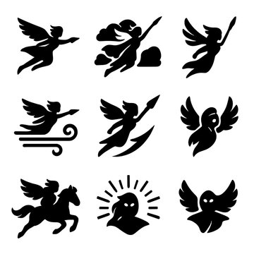 Valkyrie Icons in Flight. Solid, filled icons set of valkyries in flight: flying silhouette, cloud streak,