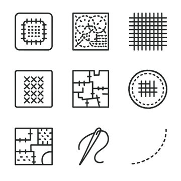 Sustainable Mending Icons. Outline icon set of sustainable mending techniques: visible mending patch, sashiko stitching pattern,