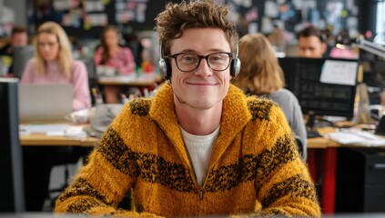 A call center agent, who is smiling and wearing eyeglasses and a headset, works on a computer to assist customers and provide positive customer service in a modern office setting, offering