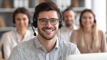A smiling call center agent, equipped with eyeglasses and a headset, utilizes a computer in a modern office to deliver positive customer service, focusing on effective communication and professional