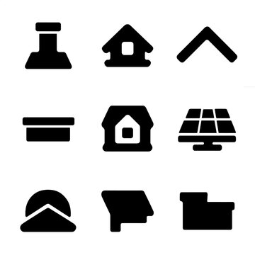Roofline Icon Set. Solid, filled icon set of roofline details: chimneys, dormers, gabled roofs, flat roofs, mansard roofs, solar