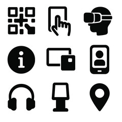 Museum Tech Icons. Solid, filled icons set of museum technology integration: QR code, touch screen, virtual