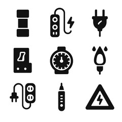 Electrical Safety Icons. Solid, filled icon set of electrical safety for holiday lights: fuse, surge protector, insulated plug,