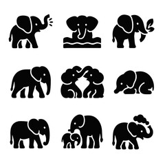 Obraz premium Elephant Behavior Icons. Solid, filled icon set of elephant behaviors: trumpeting, bathing, feeding, walking, playing, resting,