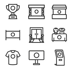 Tournament Icon Set. Outline icon set of tournament sponsorship assets: trophy with sponsor logo, branded stage backdrop, sponsor