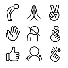 Fototapeta premium Cultural Gesture Icons. Solid, filled icon set of Cultural silent communication: bowing, namaste hands, peace sign, hand wave, eye
