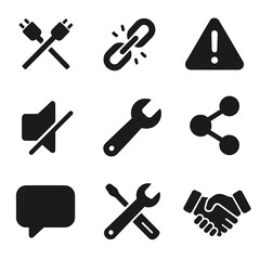 Communication Icons Grid. Solid, filled icons set of communication barriers and solutions: crossed wires,