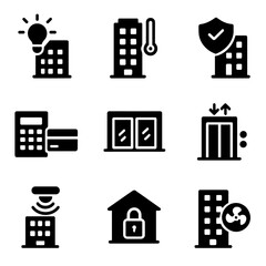 Smart Building Icons. Solid, filled icon set of smart buildings: automated lighting, smart thermostats, security systems, access