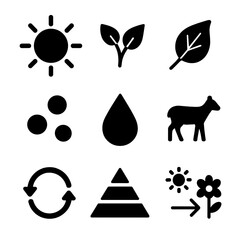 Fototapeta premium Energy Source Icons. Solid, filled icon set of energy sources and sinks: sun, organic matter, dead leaf, soil nutrients, water,