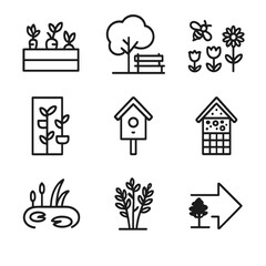 Fototapeta premium Urban Green Icons. Outline icon set of urban green spaces and biodiversity: community garden plot, park bench under tree,