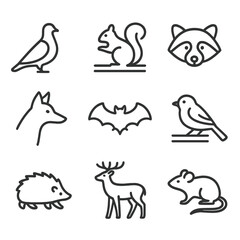Naklejka premium Urban Fauna Icons. Outline icon set of urban fauna diversity: pigeon silhouette, squirrel on branch, raccoon face, urban fox