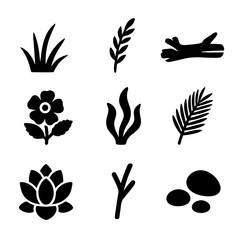Fototapeta premium Coastal Vegetation Icons. Solid, Filled icon set of coastal vegetation: dune grass, sea oat, driftwood, beach rose, seaweed strand