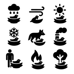 Naklejka premium Environment Icons Grid. Solid, filled icon set of environmental factors affecting nests: rain, wind, sun, snow, predator,