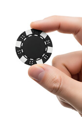 Hand holding single black poker chip isolated on transparent background, casino accessory, gambling token, poker night, high-value bet, gaming concept