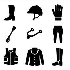 Fototapeta premium Equestrian Gear Icons. Solid, filled icon set of equestrian riding gear: riding boots, helmet, gloves, crop, spurs, breeches,