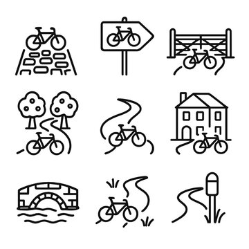 Country Cycling Icons. Outline icon set of country cycling routes: cobblestone lane, country road sign, farm gate, orchard trail,