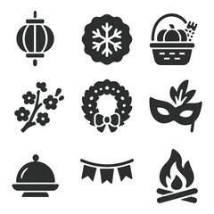 Seasonal Festival Icons. Solid, filled icons set of traditional seasonal festivals: lantern icon, snowflake