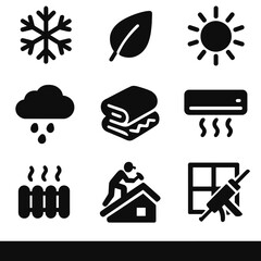 Seasonal Maintenance Icons. Solid, filled icons set of seasonal home maintenance: snowflake icon, leaf icon,