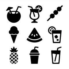 Summer Drink Icons. Solid, filled icon set of summer drinks and snacks: coconut drink, tropical cocktail, fruit skewer, ice cream