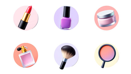 Obraz premium Six Colorful Makeup and Beauty Products Isolate on White Backgrounds Transparent PNG Cutout Clipping Path Social Media Line Art Black