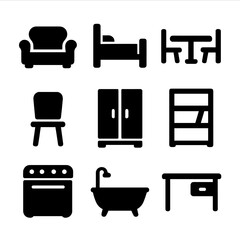Dollhouse Furniture Icons. Solid, filled icon set of dollhouse furniture: miniature sofa, tiny bed, small dining table, dollhouse
