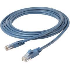 Coiled blue ethernet cable for network connection, isolated on transparent background, internet technology, high-speed data transfer, computer networking
