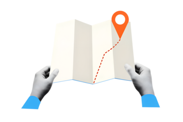 Hands holds a map with a way and a red pin mark. Target or destination concept. Modern collage Illustration on transparent background