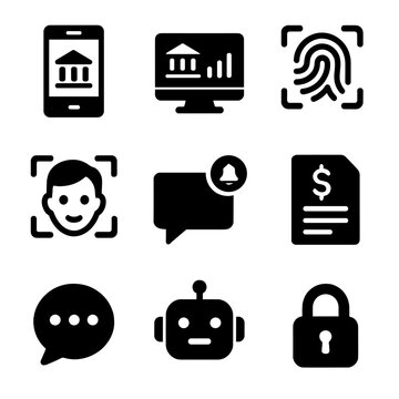 Digital Banking Icons. Solid, Filled icon set of digital banking features: mobile banking app, online dashboard, biometric login