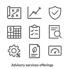 Advisory Services Icons. Outline icon set of advisory services offerings: strategy blueprint, market analysis graph, risk