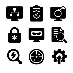 Pen Testing Icon Set. Solid, Filled icon set of penetration testing tools: network scanner, vulnerability scanner, exploit