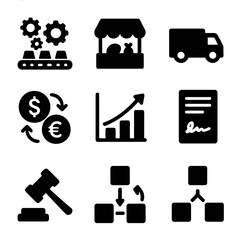 Economic Activity Icons. Solid, filled icon set of economic activities: production line, marketplace, delivery truck, retail store