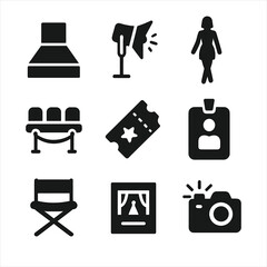 Fashion Show Icons. Solid, filled icon set of fashion show elements: runway, spotlight, model walking, camera flash, front row