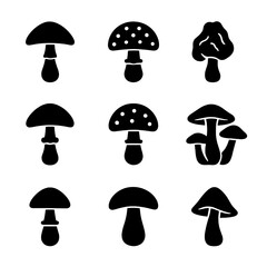Toxic Mushroom Icons. Solid, filled icon set of toxic mushrooms to avoid: death cap, fly agaric, false morel, destroying angel,