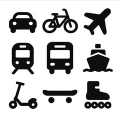 Transportation Icons Grid. Solid, filled icon set of transportation movement: car, bicycle, airplane, train, bus, ship, scooter,