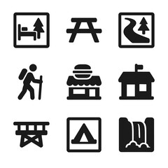 Travel Icons Grid. Solid, filled icon set of stops and detours: rest stop icon, picnic table, scenic route sign, hiking trail