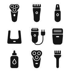 Electric Grooming Tools Icons. Solid, filled icon set of electric grooming tools: electric razor, beard trimmer, nose hair trimmer