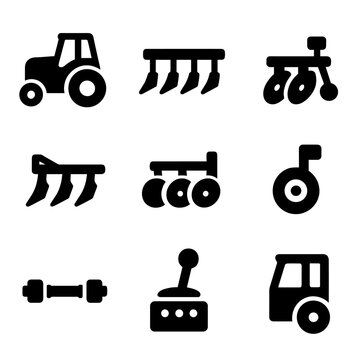 Plowing Equipment Icons. Solid, Filled icon set of mechanized furrow plowing: tractor with plow, chisel plow, disc plow, subsoiler