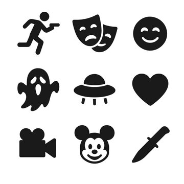 Film Genre Icons. Solid, filled icon set of film genres and themes: action, drama, comedy, horror, sci-fi, romance, documentary,