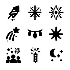 Naklejka premium Fireworks Icon Set. Solid, filled icon set of fireworks and lights: exploding rocket, sparkler stick, skyburst, firework trail,