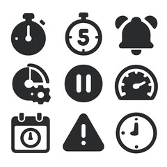 Timed Icons Set. Solid, filled icons set of timed assessments: stopwatch, countdown clock, alarm bell, timer
