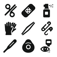 Fototapeta premium First Aid Icons. Solid, filled icon set of first aid tools: scissors, adhesive bandage, antiseptic spray, gloves, tweezers, safety