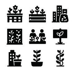 Urban Gardening Icons. Solid, filled icons set of urban gardening: rooftop garden, raised bed, cityscape,