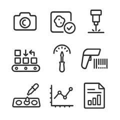 Automated Quality Control Icons. Outline icon set of automated quality control: camera inspection, defect detection, laser