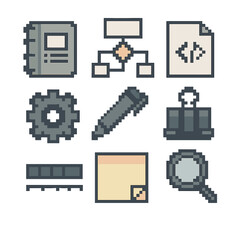 Project Icon Set. Pixel art icon set of project documentation: technical notebook, diagram flowchart, code snippet, gear icon, pen