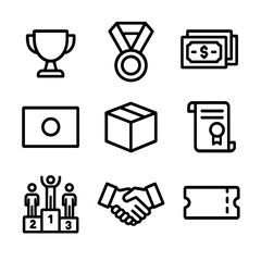 Award Icons Set. Outline icon set of awards, sponsorship, and logistics: trophy cup, medal ribbon, cash prize stack, sponsor logo