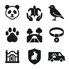 Endangered Species Icons. Solid, filled icon set of endangered species protection: panda icon, turtle rescue, bird with tag,