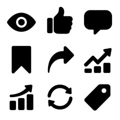 Video Metrics Icons. Solid, filled icons set of mobile video performance metrics: view count, like icon,