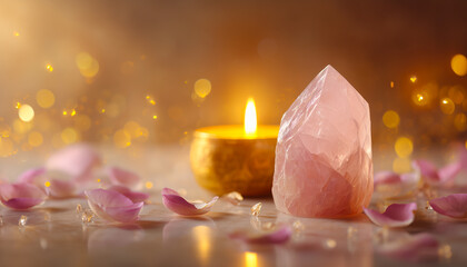 A gentle self-love ritual glows with soft rose and golden light, surrounded by crystals, petals, and peaceful warmth.